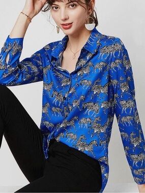 Zara Royal Blue Long Sleeve Button Down Top Shirt Zebra Prints Sz XZ Sz Small